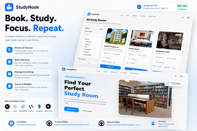 StudyNook | Full Stack Library Study Room Booking System